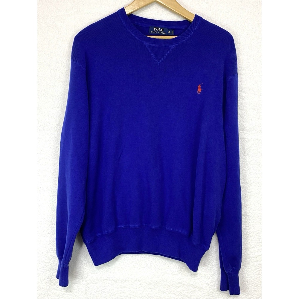 Polo Ralph Lauren Mens XL Royal Blue Cotton Ribbed Crewneck Sweater Orange Pony‎